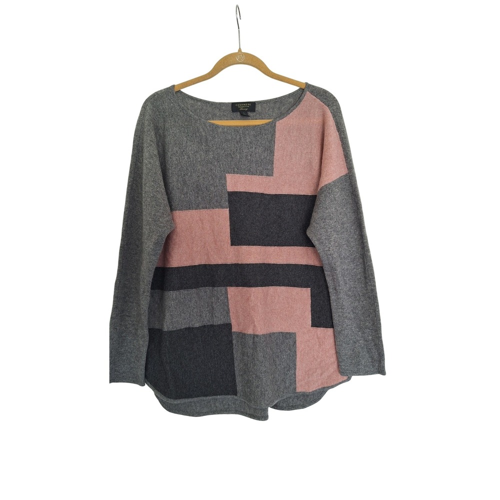 Charter Club Luxury Womens 100% Cashmere Colorblock Sweater Grey‎ Pink Large